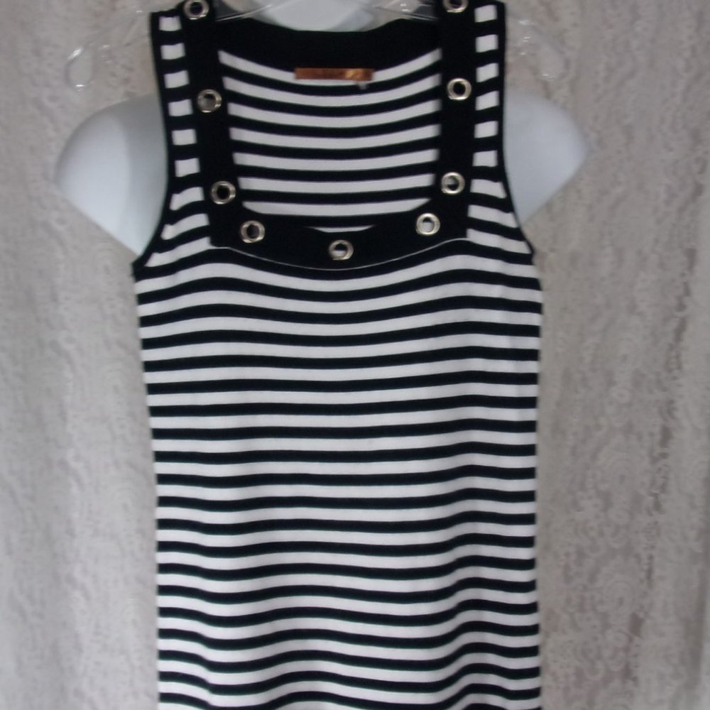 Belldini Knit Top Black & White Stripes Silver Grommets Size S NWOT